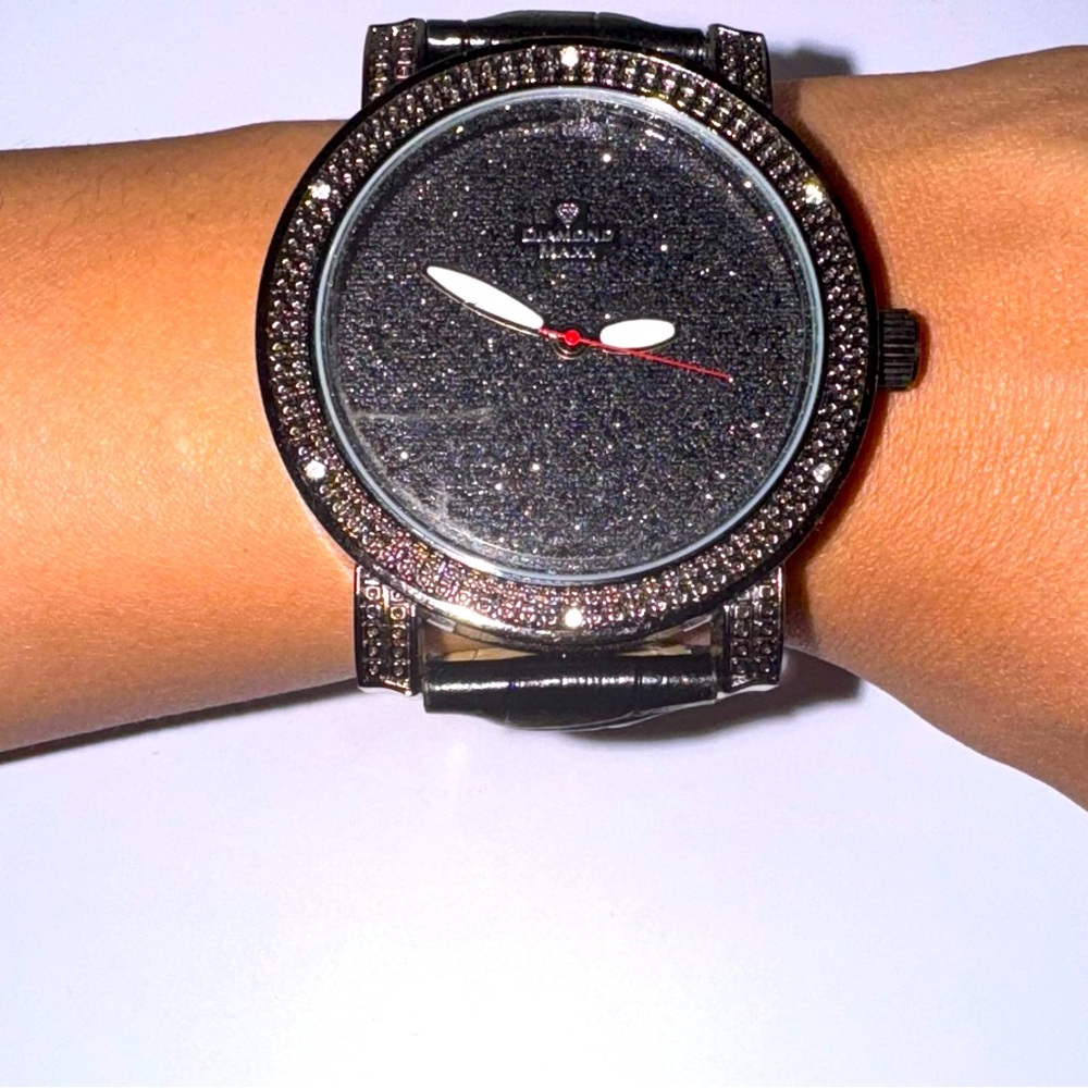 Real Diamond Black and Silver Watch for men, Gift for him, Genuine Diamond Watch